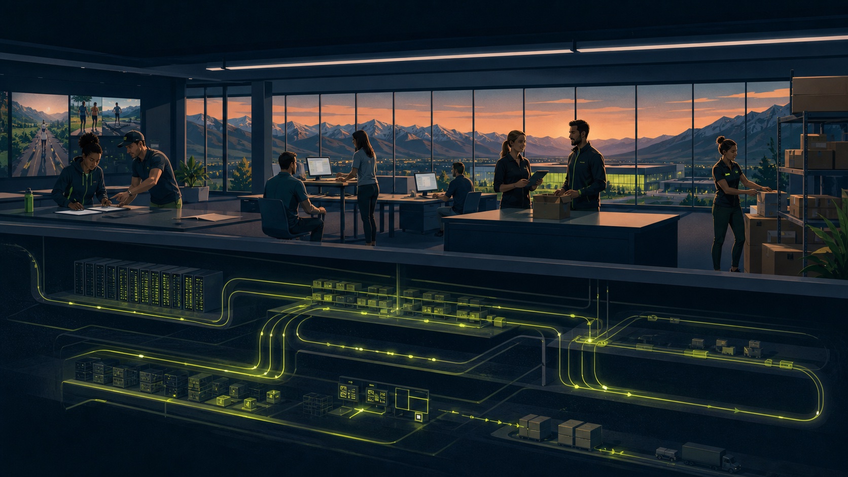 Illustration: a team working in an office while an automated system glows beneath the floor
