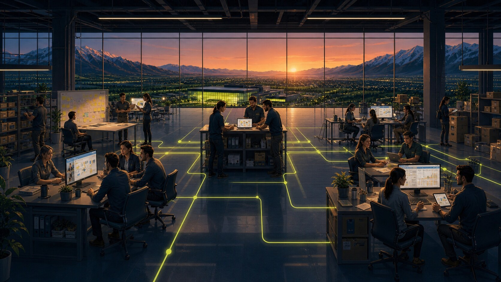 Illustration: department leaders and their teams using connected AI tools across an operations floor
