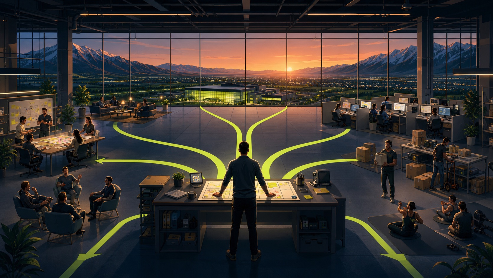 Illustration: an operator directing glowing paths that branch out to teams across an office