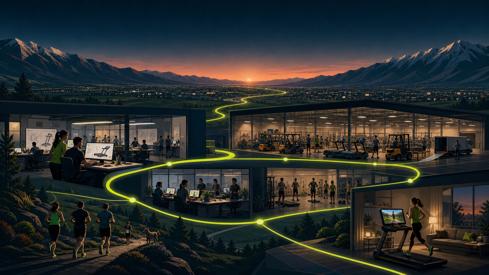 Illustration: a glowing thread connecting offices, warehouses, gyms, and homes at dusk